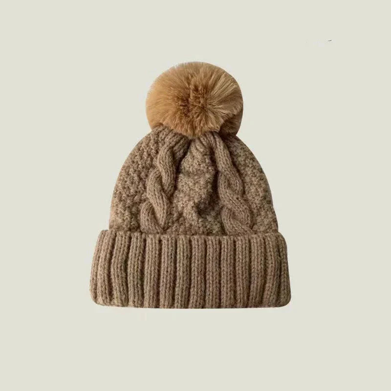 Bonnet à pompon tricot - Marron clair / Unique