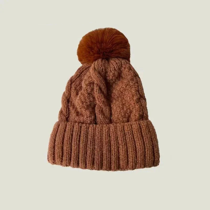 Bonnet à pompon tricot - Marron / Unique