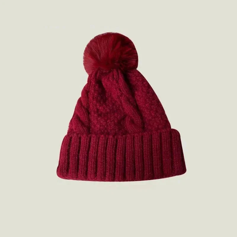 Bonnet à pompon tricot - Rouge / Unique